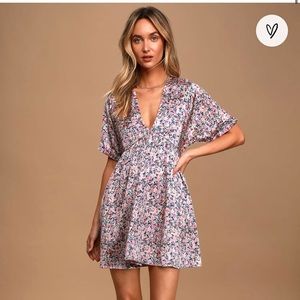 Lulus Express Yourself Blush Pink Floral Print Satin Babydoll Dress, Size Small